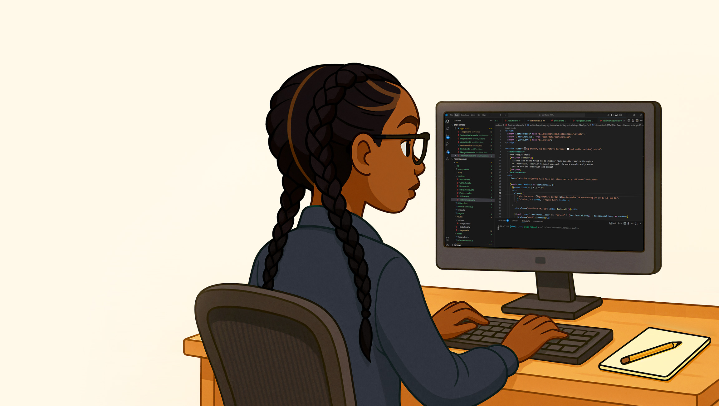 Girl siting at a computer, writing code